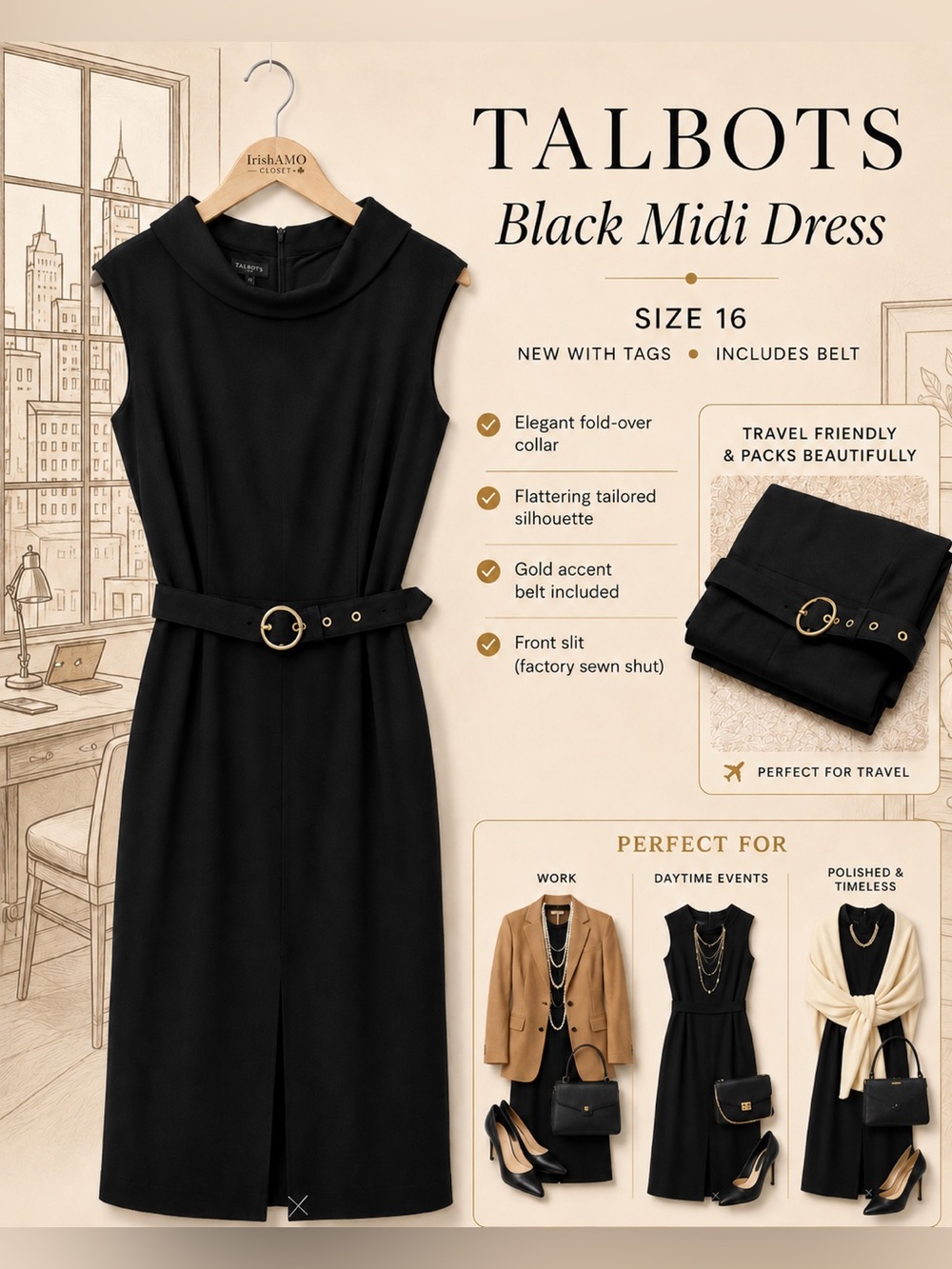 NWT Talbots Black Sleeveless Midi Dress with Gold Accent Belt | Size 16